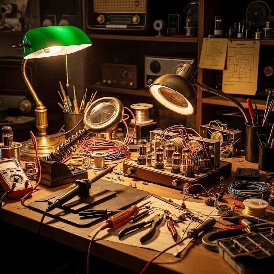 Vintage radio repair workbench with tools and equipment